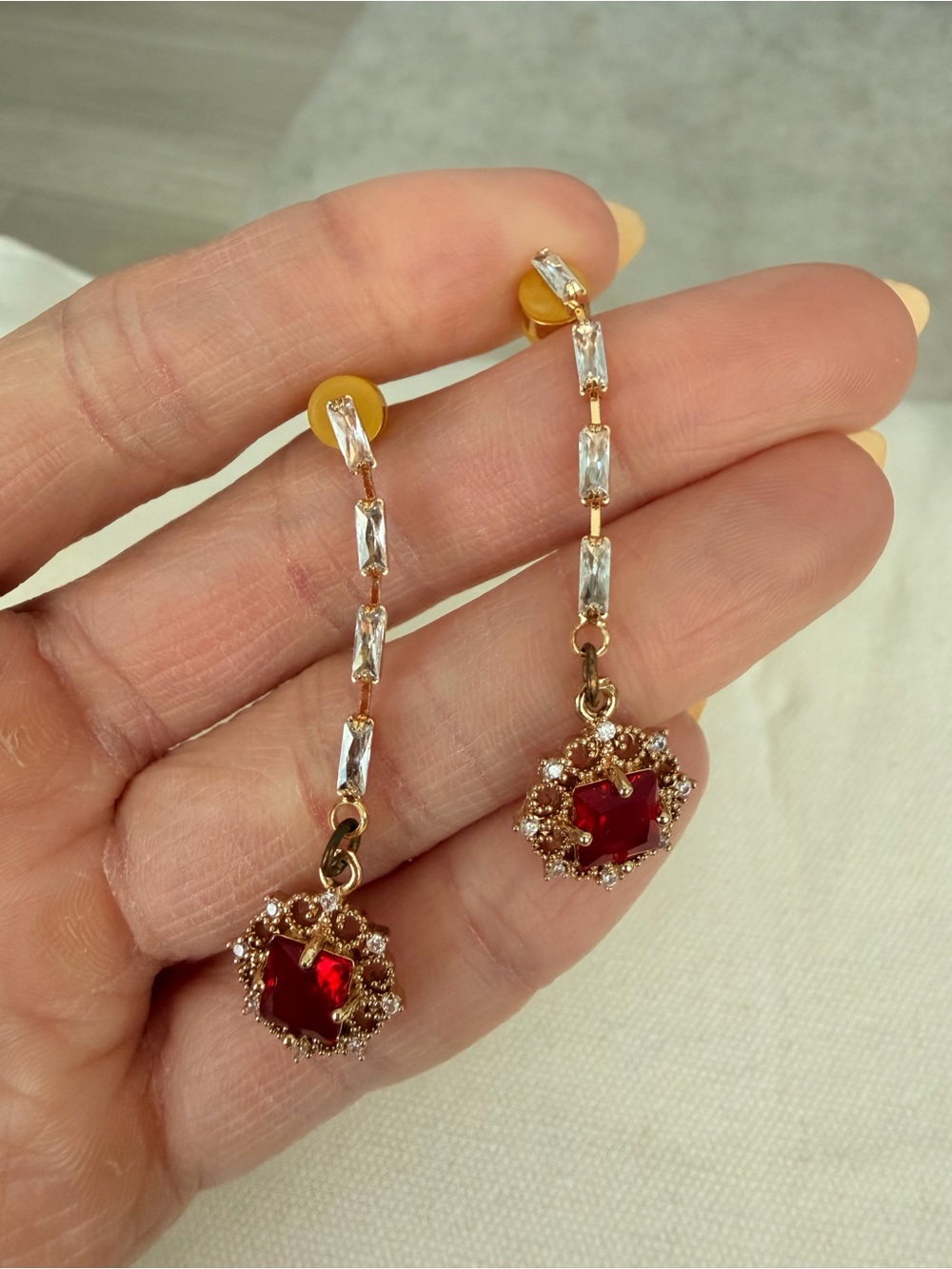 Gold-Tone Red Crystal Drop Earrings